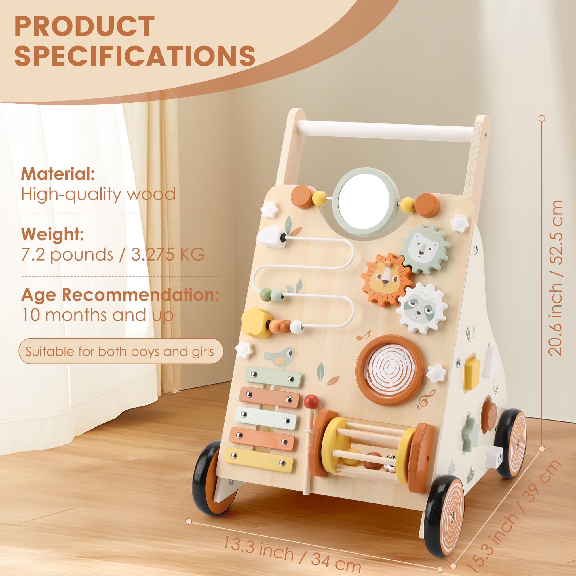 Detailed product specifications for the Pithfor wooden baby walker, highlighting its high-quality wood material, weight, and suitability for toddlers aged 10 months and up