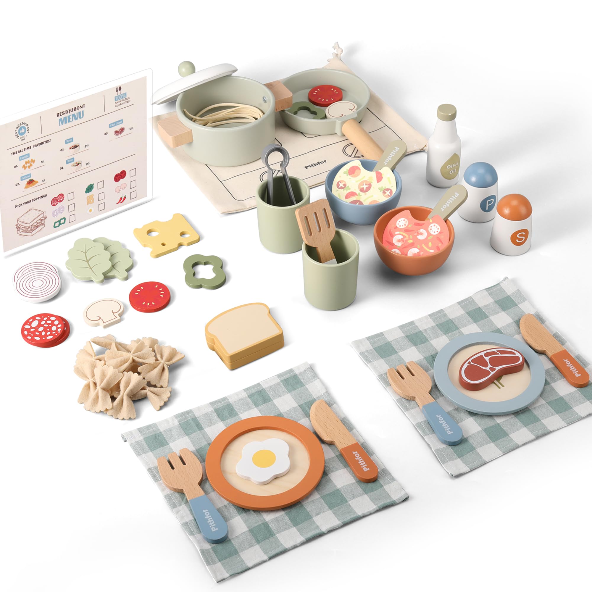 Enhance pretend play with the Pithfor wooden cooking playset, featuring realistic kitchen utensils, colorful food pieces, and a complete dining setup for imaginative culinary adventures.