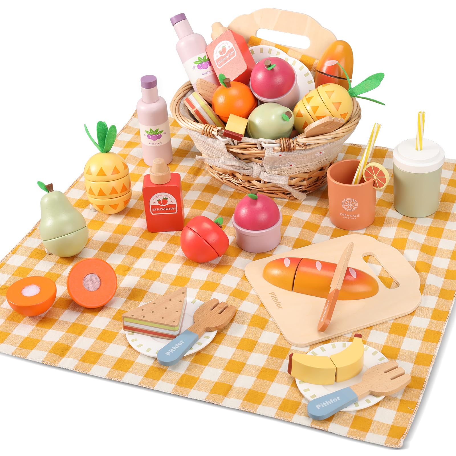 Pithfor wooden picnic food playset featuring vibrant fruits, bread, drinks, and utensils on a checkered mat, ideal for kids' role-playing, creativity, and interactive play