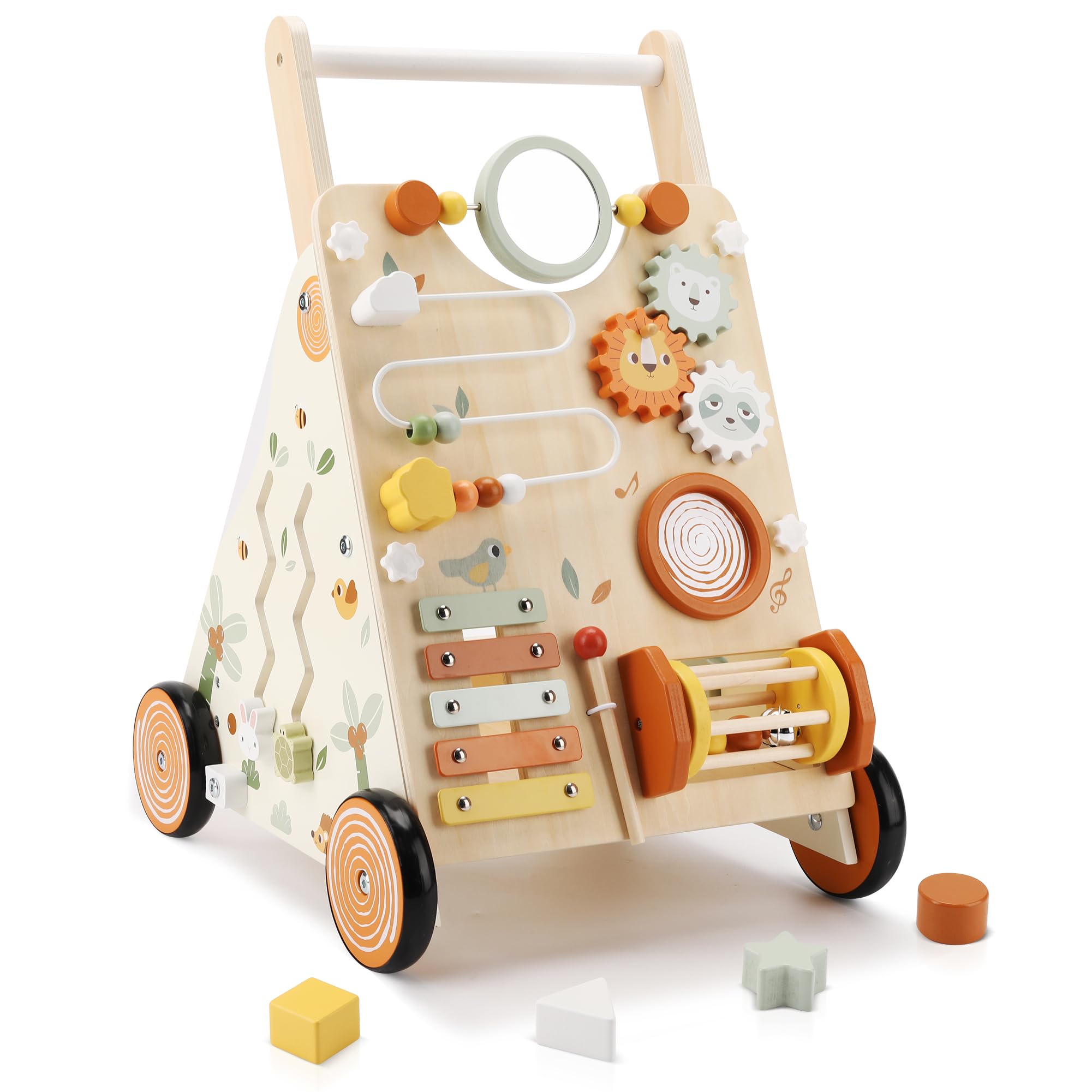 Interactive Pithfor wooden baby walker with educational activities, promoting motor skills, coordination, and sensory play for toddlers