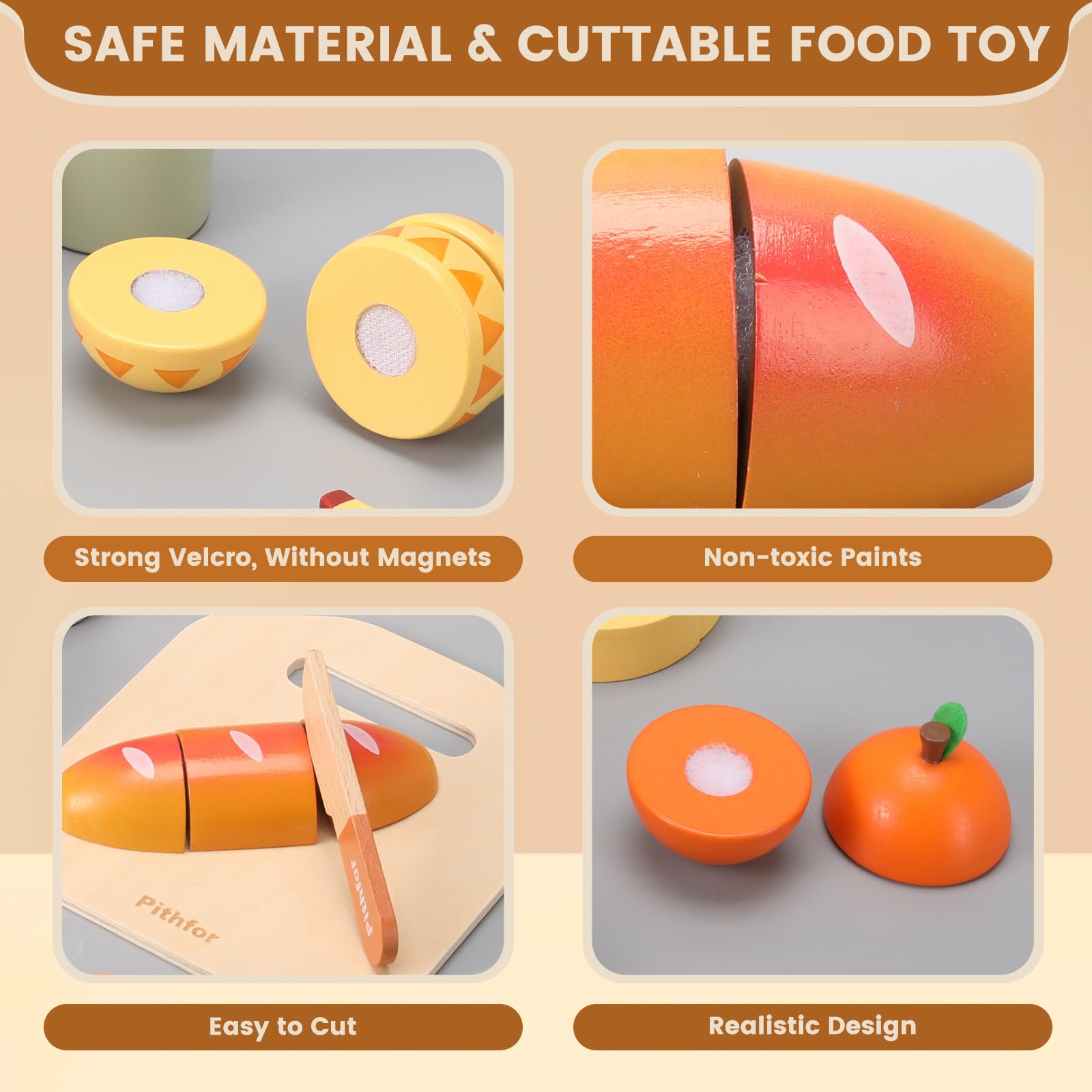 Safe and realistic Pithfor cuttable food toy featuring strong Velcro without magnets, non-toxic paints, and easy-to-cut designs, encouraging imaginative and interactive play for kids.