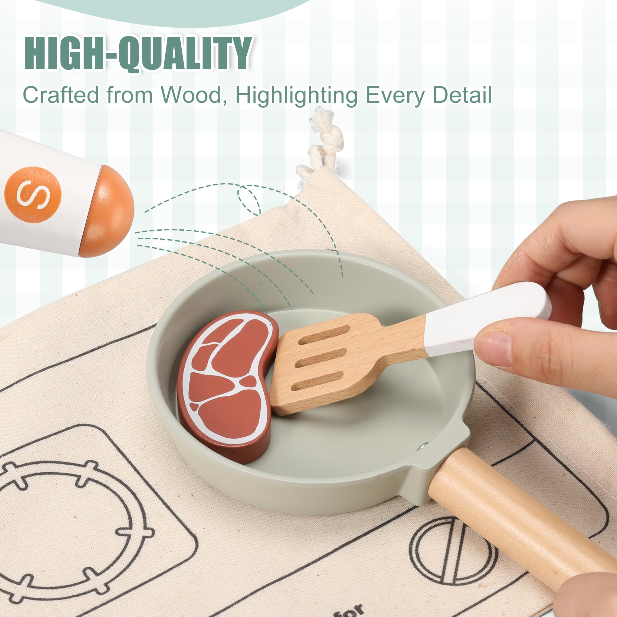 Showcasing the Pithfor wooden kitchen playset with a frying pan and steak, crafted from eco-friendly wood for realistic pretend cooking fun, encouraging creativity and motor skills in children.