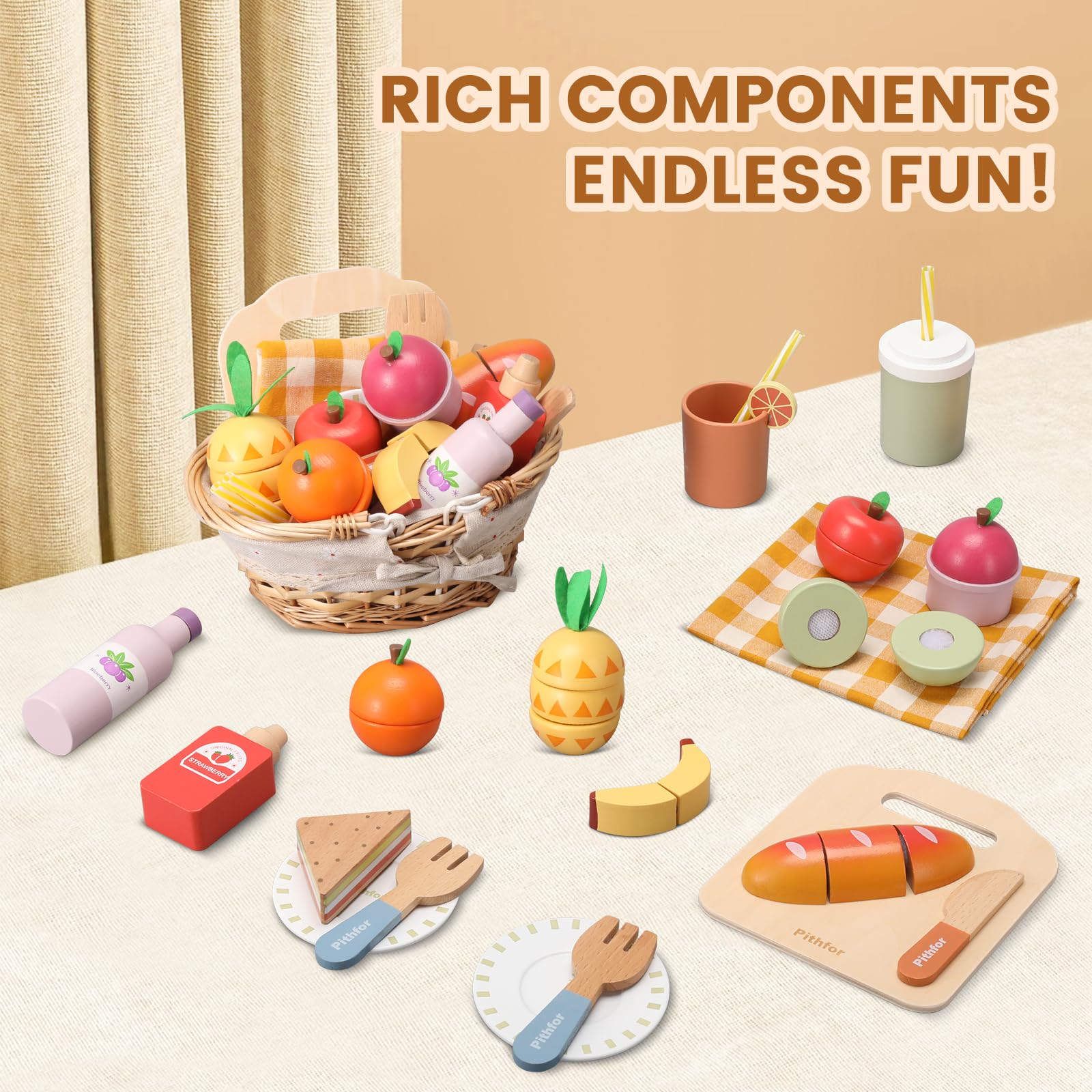 Rich components for endless fun! Pithfor picnic food playset includes vibrant, realistic wooden food pieces, perfect for imaginative roleplay and social interaction for kids