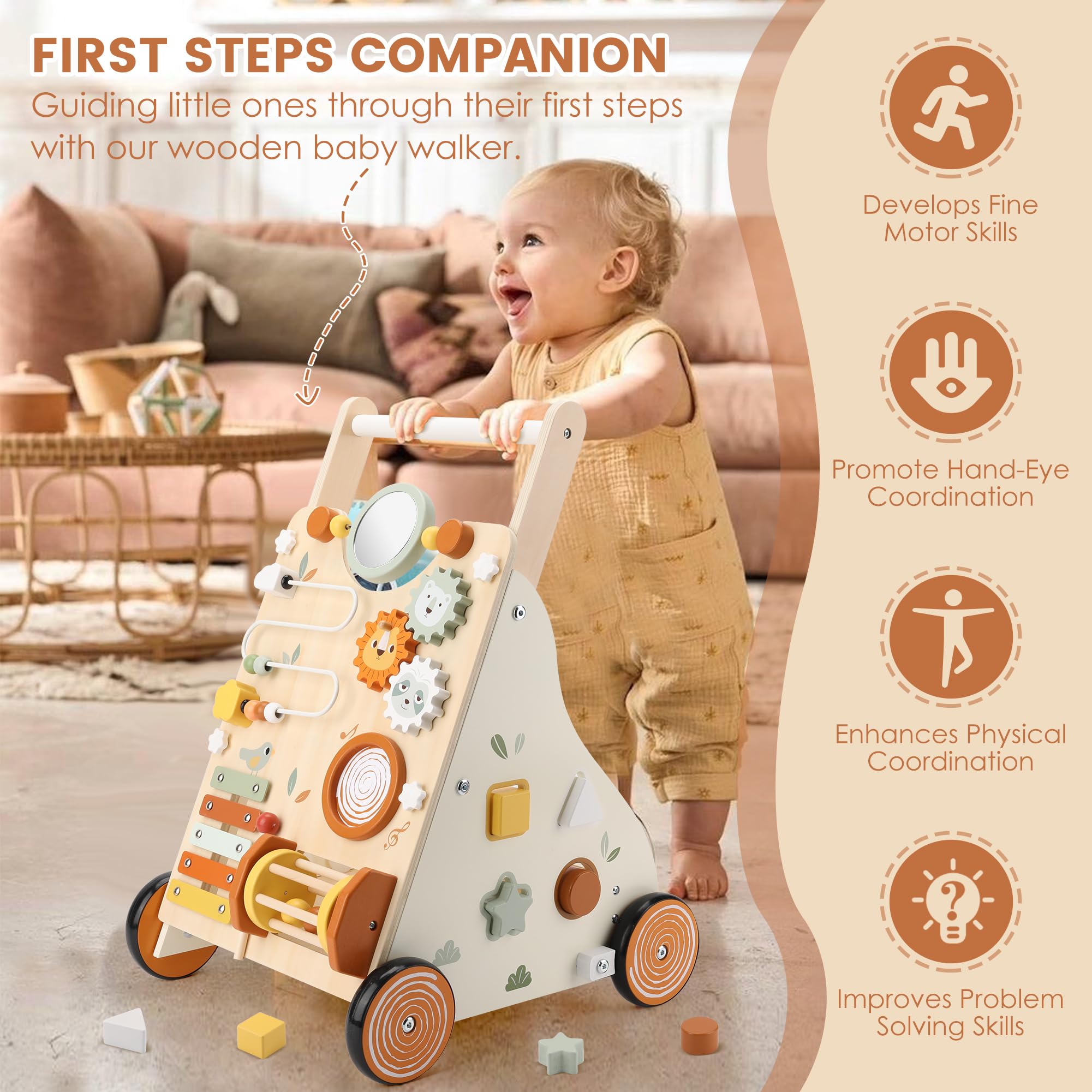 of a happy toddler using the Pithfor wooden baby walker, designed for early childhood development. Features include colorful gears, a mirror, shape blocks, and interactive elements that promote fine motor skills, hand-eye coordination, physical activity, and problem-solving abilities. Ideal for supporting first steps in a safe and fun way.