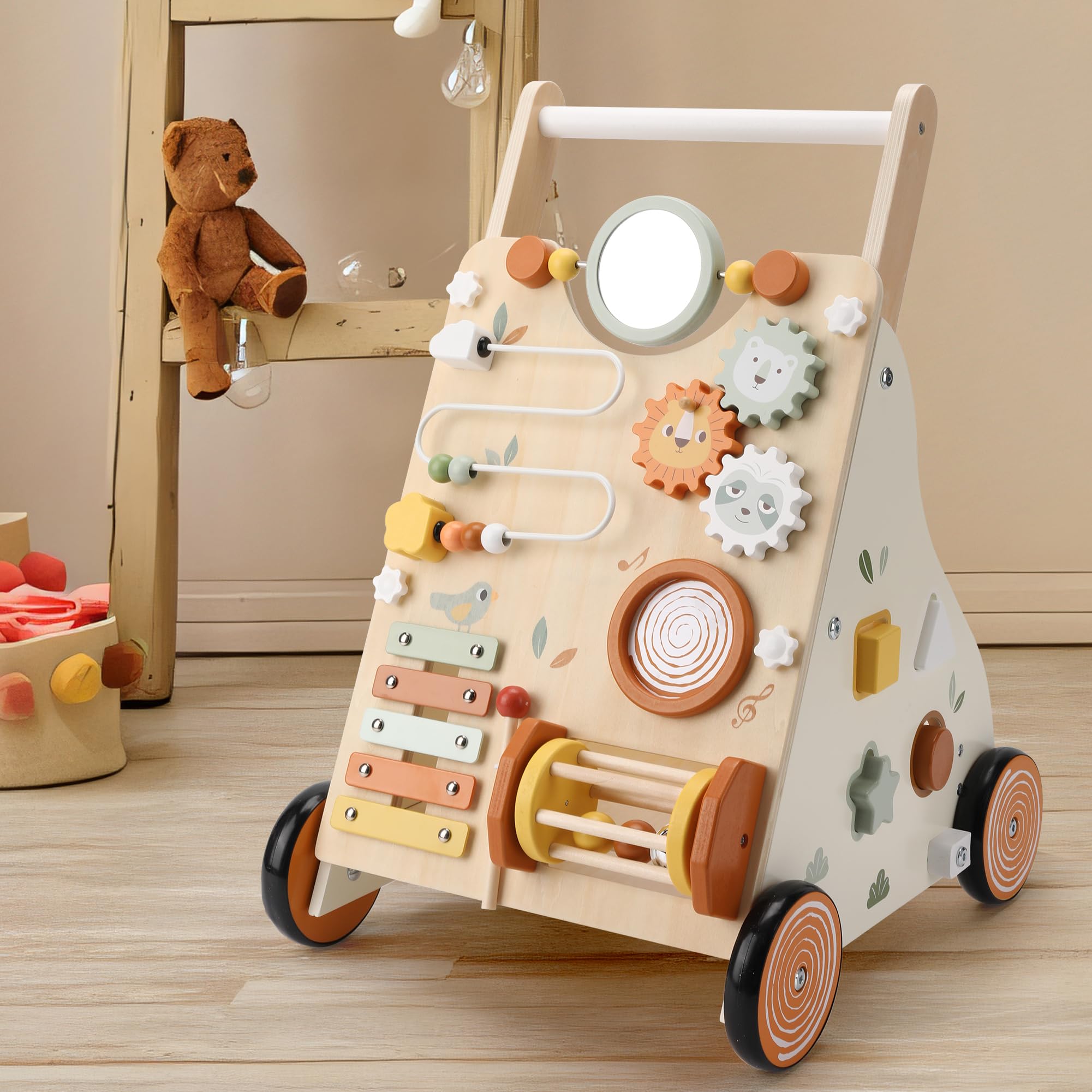 Encourage interactive learning and motor skill development with the Pithfor wooden baby walker, featuring vibrant colors, engaging gears, and sturdy craftsmanship for endless fun.