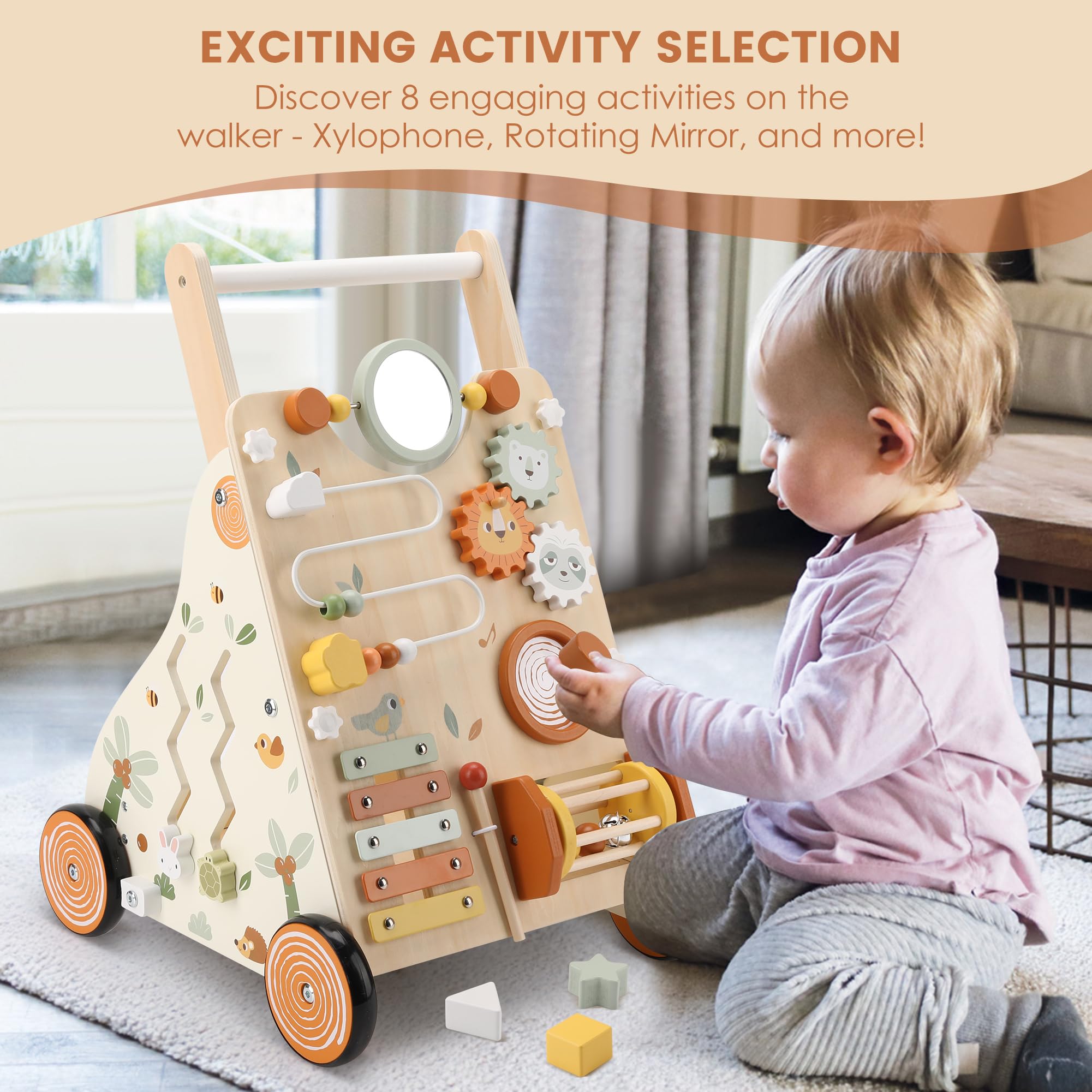 Baby enjoying the Pithfor wooden walker with engaging activities including a xylophone, rotating mirror, and other interactive features for endless fun and learning