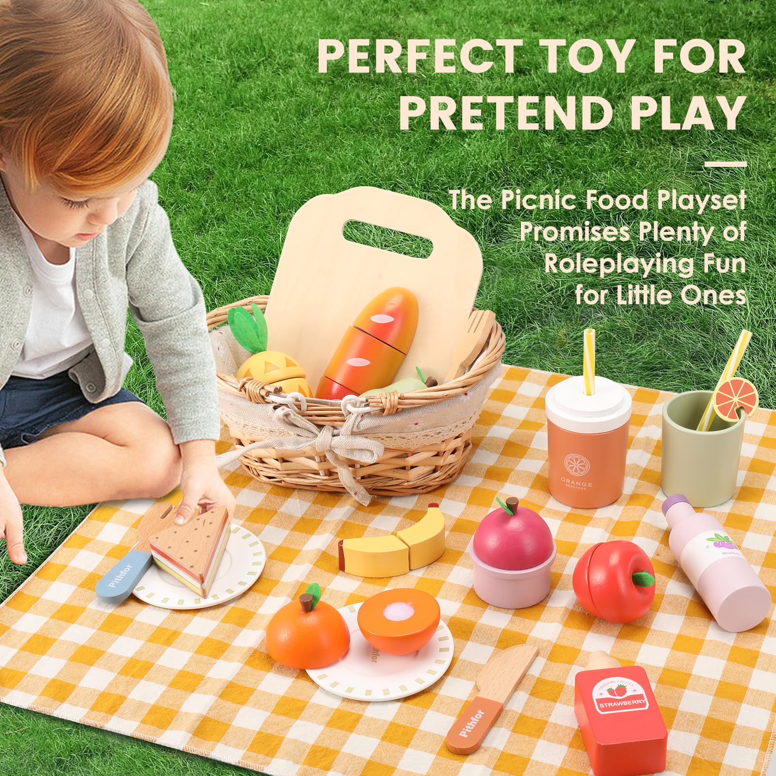 Pithfor picnic food playset for kids, featuring vibrant wooden fruits, bread, and drinks, perfect for pretend play and fostering creativity in a fun outdoor setting